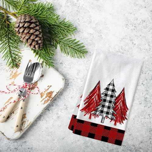 Buffalo Plaid Christmas Kitchen Towels 16x24 Inch Red Black Hand Towels for Kitchen,Christmas Decorations for Bathroom,Festive Holiday Dish Cloths for Xmas Winter Home Indoor Decor Set of 4