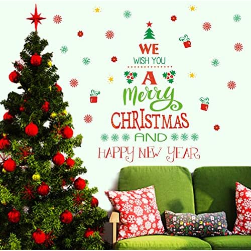 TOARTi Merry Christmas Quotes Wall Decals Happy New Year Quotes Stickers Christmas Tree Snowflake Stickers for Wall Christmas Party Supplies Christmas Window Clings