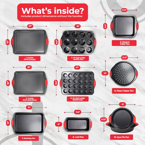10 Piece Non-Stick Bakeware Set with Silicone Handles - Carbon Steel Oven Safe