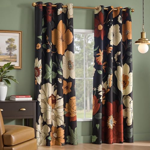 jinchan Black Boho Floral Blackout Curtains 84 Inch Grommet 2 Panels