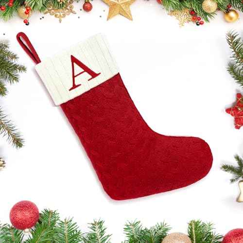 Christmas Stockings with Initials,20 Inches Large Knit Embroidered Letter Red White Christmas Stocking,Monogram Christmas Stocking for Famliy Holiday and Xmas Tree Fireplace (Letter A)