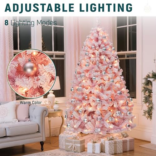 YITAHOME 7.5ft Pink Flocked Christmas Tree with Warm White Lights & 1346 Tips - Prelit Holiday Decor