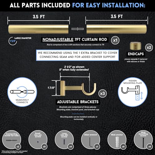 Fixed Length Curtain Rod - 7 ft Brushed Gold Heavy Metal Window Treatment