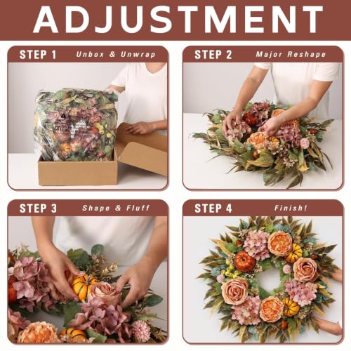 24 Inch Fall Artificial Hydrangea Pumpkin Wreath for Front Door Decor