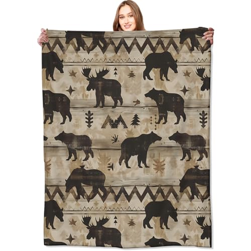 VODRM 60x80in Bear and Moose Rustic Woodland Fleece Throw Blanket - Cozy Sofa & Bed Decor