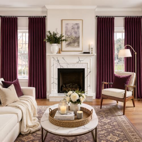 Ruby Velvet Curtain Set with Pinch Pleats - 4 Panels 40x84 Inch, Blackout, Elegant Home Decor