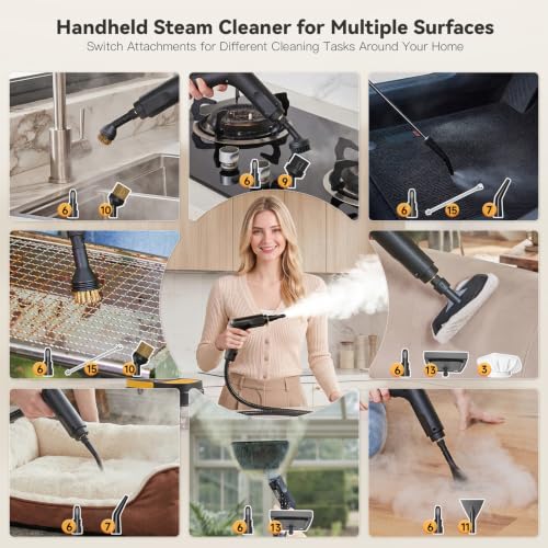 Gautye Handheld Steam Cleaner with 3 Adjustable Levels & 15 Accessories - Dark Black