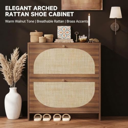 Nicetree Caramel Walnut Rattan Shoe Cabinet with 2 Flip Drawers, Slim Entryway Organizer