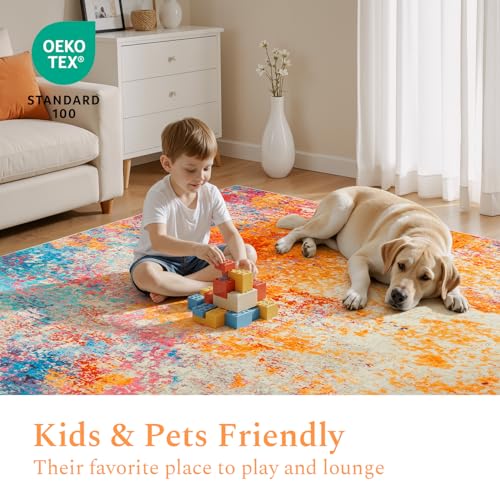 Rainbow Washable Area Rug 5x7 - Soft Non-Slip Living Room Carpet - Colorful