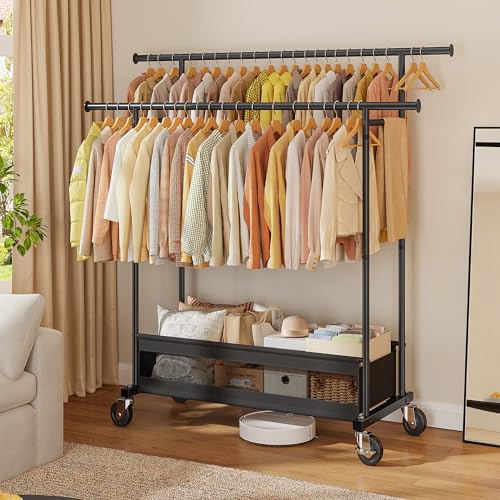 Black Clothes Rack 210 LBS Double Rods with Storage Basket - Space Saving Garment Organizer