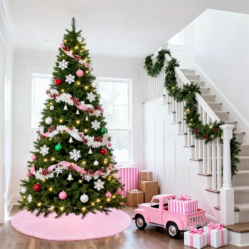 Pink Faux Fur Christmas Tree Skirt 48 Inch Large Holiday Decor - B-COOL