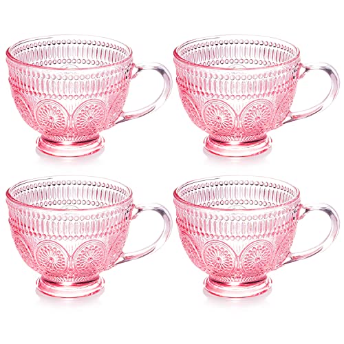 Vintage Glass Coffee Mug 14 oz Pink Embossed Handle - Set of 4