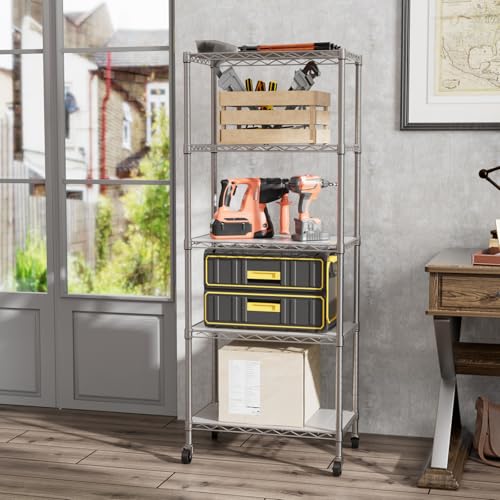 Grey 5-Tier Metal Wire Closet Shelf with Wheels, Adjustable & Rustproof - 14"D x 24"W x 61"H