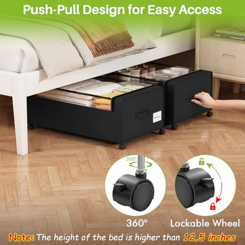 Webetop Under Bed Storage Containers with Wheels - 12 Inch Black Bin - Locking Casters & Clear Lid, 2-Pack