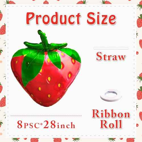 8PCS Gaint Strawberry Balloon Kit, Reusable Cute Strawberry Aluminum Foil Balloons with Straw and Ribbon, For Berry Sweet Birthday Party Decoration Weddings Baby Shower Supplies