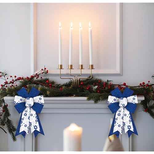 2 PCS Hanukkah Wreath Bows Chanukah Star of David Royal Blue White Ribbon Bows for Wreath, Medium Tree Topper Bows for Jewish New Year Party Home Indoor Outdoor Decoration Wreath Ornament Supplies