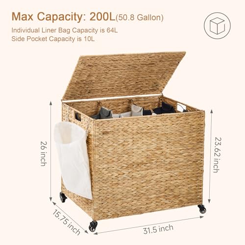 Water Hyacinth Laundry Hamper with Wheels & Lid, 52.8 Gallon, Natural, 3-Section with Removable Liners - 31.5"L x 15.75"W x 25.6"H
