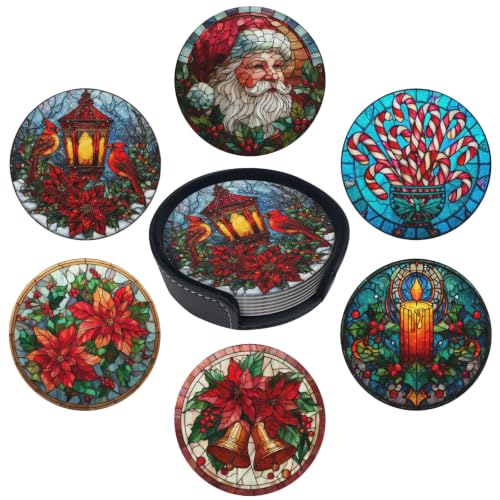 Christmas Coasters for Drinks with Holder Round Leather Set of 6 Cups
