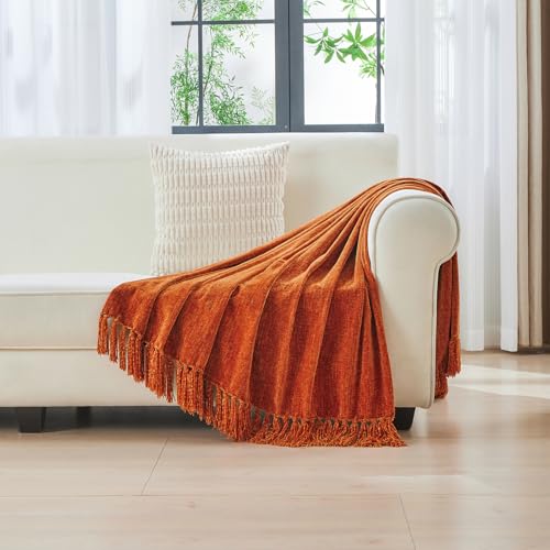 Chenille Throw Blanket 60x80 Inches with Rust Orange Fringe - Soft & Stylish