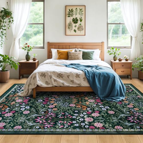 5x7 Floral Washable Area Rug - Dark Green Boho Living Room Carpet