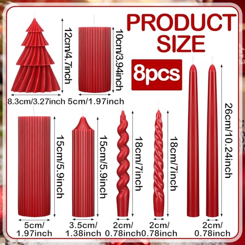 Nuanchu 8 Pcs Christmas Spiral Taper Candles Smokeless, Red