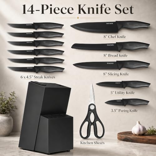 Black 14-Piece Kitchen Knife Block Set with Built-In Sharpener - Includes Steak Knives & Scissors
