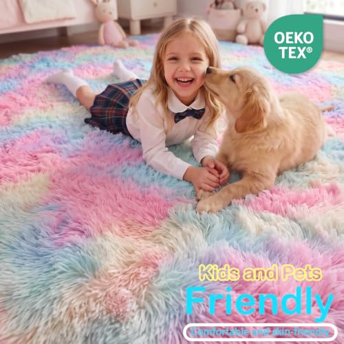 8x10 Rainbow Area Rug - Pastel Plush Carpet for Bedroom Girls - Non-Slip