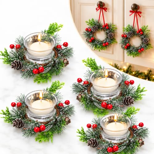 Christmas Candle Ring Wreath Set with Votive Candles & Holders - Holiday Decor