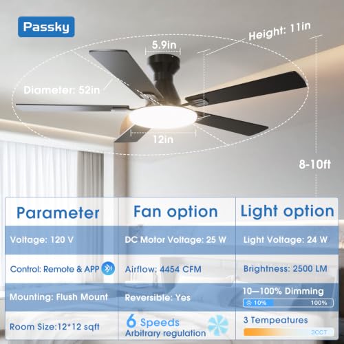 Black 52 Inch Low Profile Ceiling Fan with Lights & Remote - Modern & Quiet