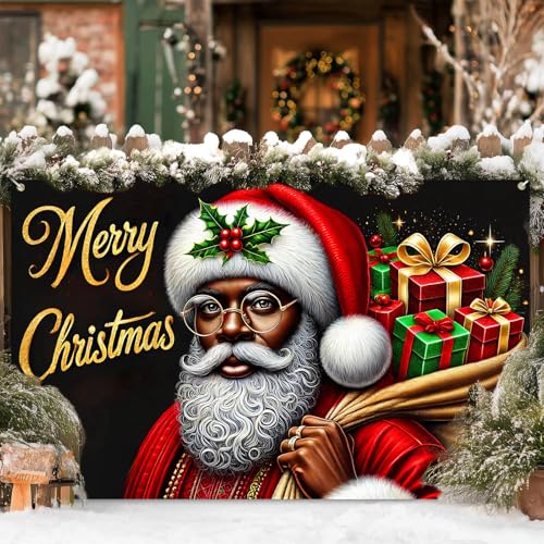 Merry Christmas Banner, African American Santa, 71x43 in - BlissYard, Indoor/Outdoor Holiday Decoration (Variation: Merry Christmas Banner#1)