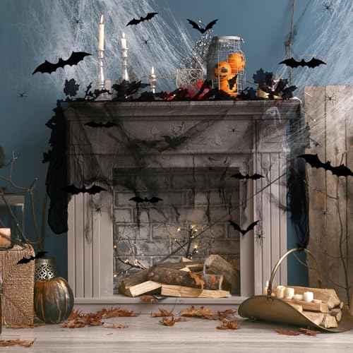 RunNico Halloween Gauze Fireplace Mantel Decorations Kit, Black Maple Leaf Garland, Spider Cloth Fireplace Mantel Scarf with Fake Bats for Halloween Decor and Horror Themed Party Supplies