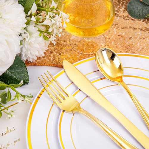 Gold Disposable Plastic Plates 200 Pcs Set for Parties & Events - Reusable & Elegant