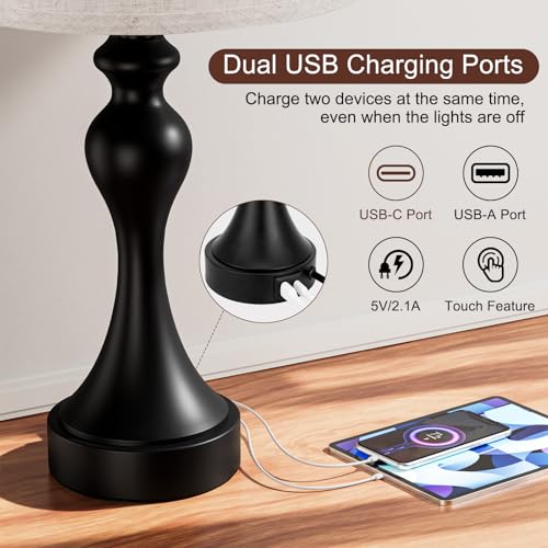 Beige Shade & Black Base Touch Nightstand Lamps Set of 2 with USB-C & A Ports