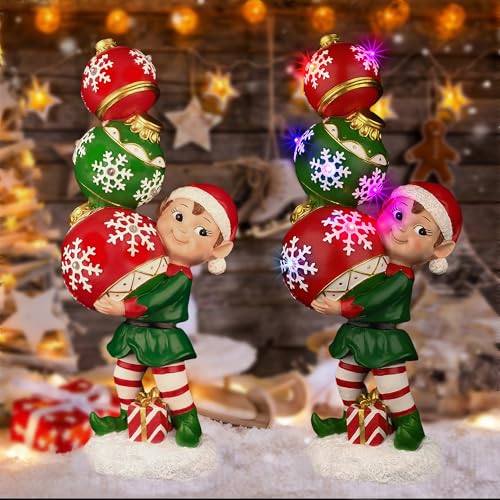 YUETJIN 12" Christmas Elf Figurine with Color-Changing LED Ornaments - Multicolor