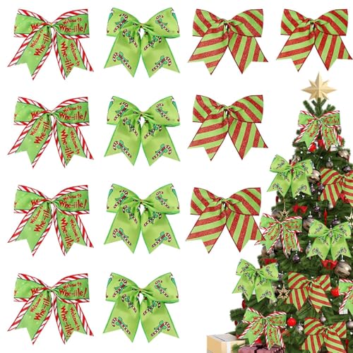 Christmas Bows Set 12 Pcs 6.2in Red Green Holiday Tree Decorations
