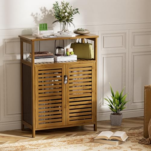 Bathroom Storage Cabinet Bamboo Floor Cabinet with Double Doors and Open Shelf - Walnut Variation