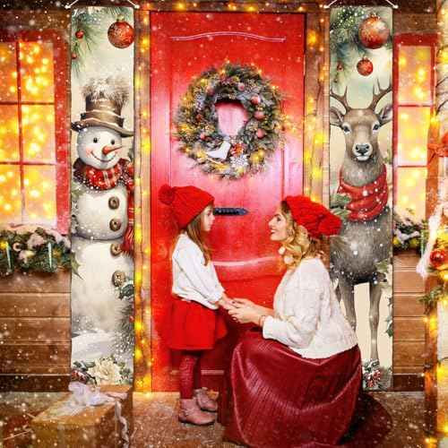 Christmas Porch Sign Banner Merry Christmas Snowman Deer Door Banner for Xmas Holiday Welcome Banner Winter Wall Stretching Portraits For Indoor Outdoor