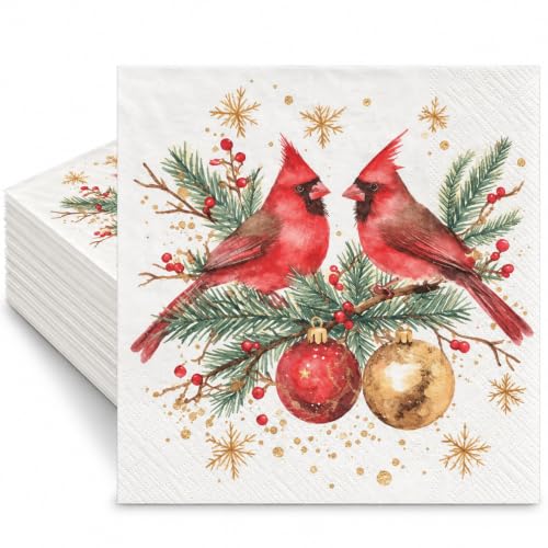 Christmas Cardinal Cocktail Napkins Set of 100, Red Bird & Ornament Design