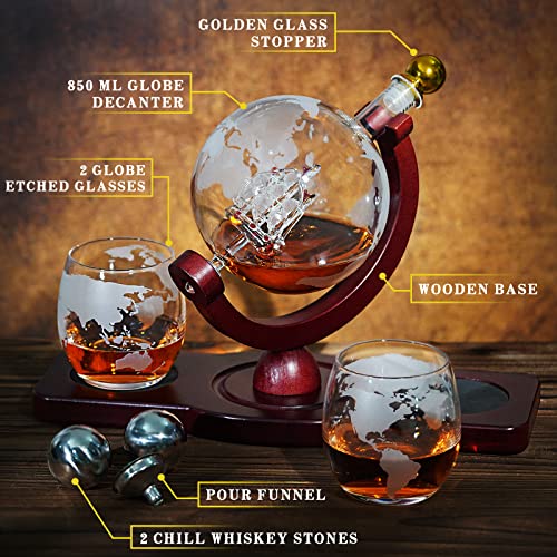 PONPUR Whiskey Decanter Globe Set with 850ml Bottle, 2 Glasses & Chill Stones for Men Dad