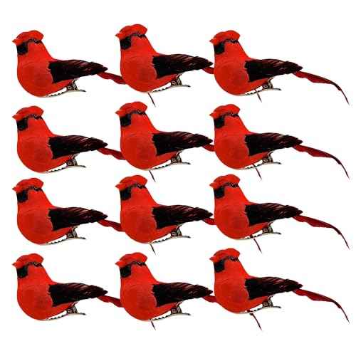 Cartanfill-Cardinal Clip On Christmas Tree Ornament Decorations, Set of 12, Red Feather Birds (Red D)