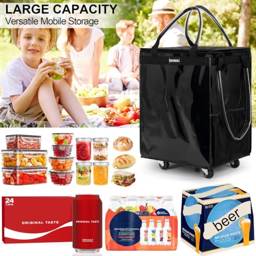 Large Reusable Grocery Bag on Wheels - Foldable Rolling Tote with 3 Handles, Zipper Closure, Heavy Duty 5 Wheels, Capacity 76 lbs - Black (Variation: Large / Black)