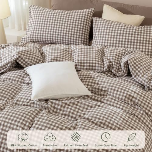JIYUAN California King Cotton Duvet Cover Set Light Brown Gingham - No Comforter