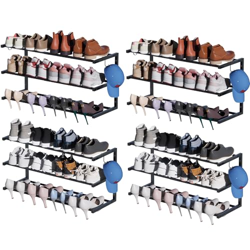 Jchccu 4-Pack Wall Mounted Shoe Racks Black, Adjustable 3-Tier Organizer with Hooks