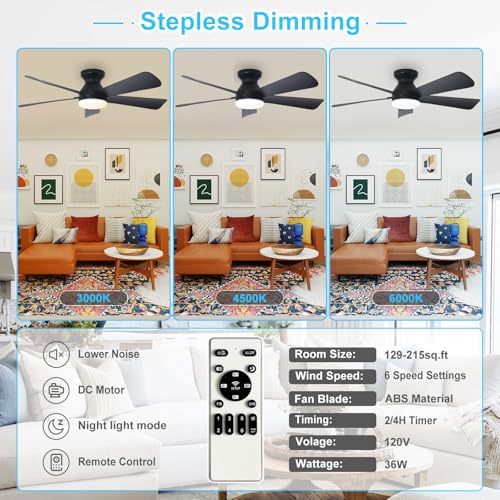 Depuley 42-Inch Black Ceiling Fan with Light & Remote Control - Indoor Outdoor, Dimmable, Reversible Blades, 6 Speeds, Timer