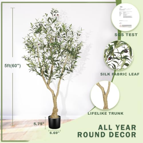LYERSE 5ft Artificial Olive Tree in Black Pot with Large Branches & Fruits – Realistic Home Decor