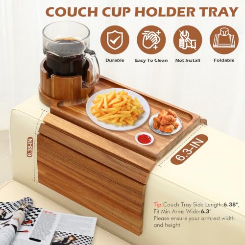 Acacia Wood Couch Cup Holder Tray for Sofa Armrest - Fits 6.3+ Inch Wide Arms