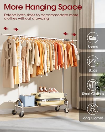 Extendable Stainless Steel Clothes Rack - Silver, 49.8 to 74.8 Inches, with Casters and Bottom Shelf