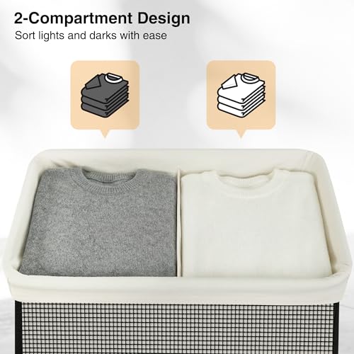 2-Section Laundry Hamper with Lid - 140L Steel Frame Removable Washable Liners
