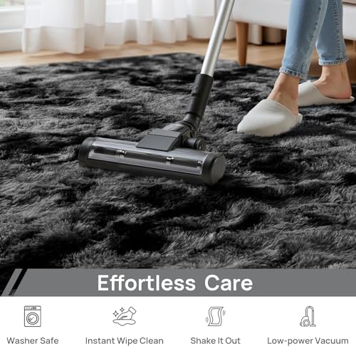 Tie-Dyed Dark Grey Shag Area Rug 6x9 ft Plush Faux Fur Fuzzy Carpet