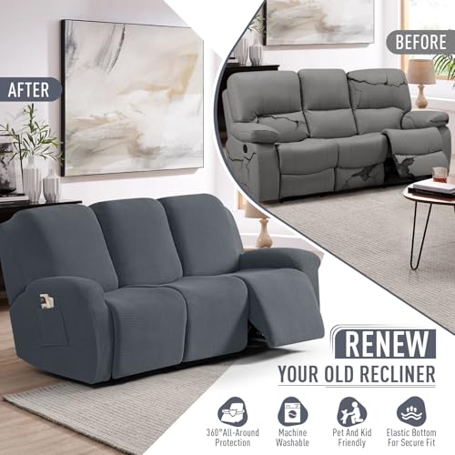TAOCOCO Grey 3-Seat Recliner Sofa Cover 8-Piece Stretch Slipcover Set